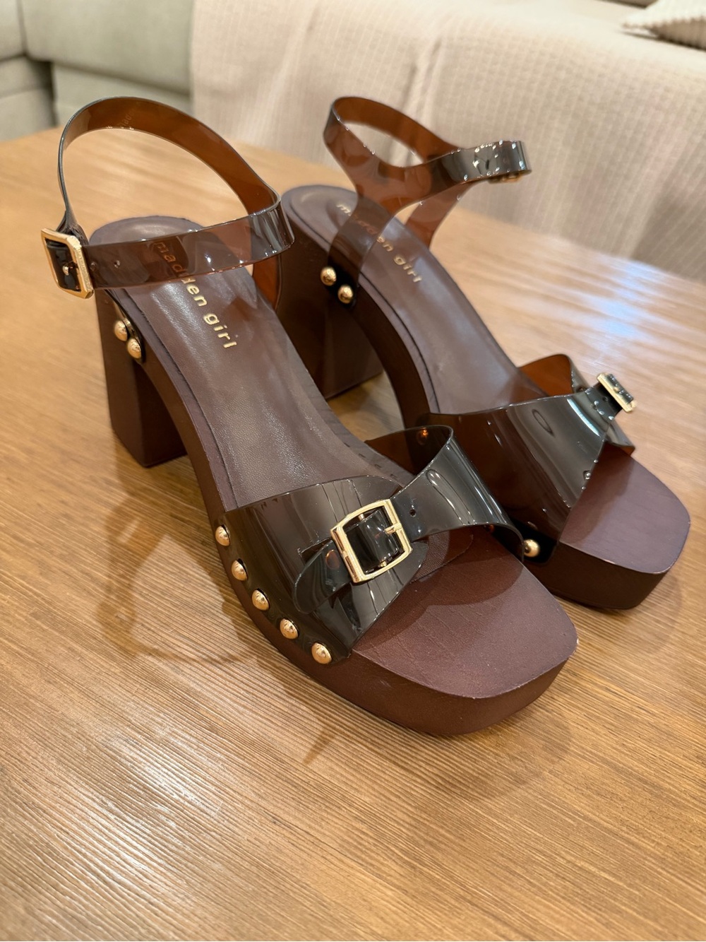 Madden Girl Brown Platform Block Heeled Sandals with Gold Buckles